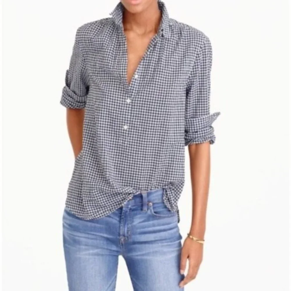 J. Crew Gathered Popover Top in Microgingham Sz 4 Navy and White - Picture 1 of 7
